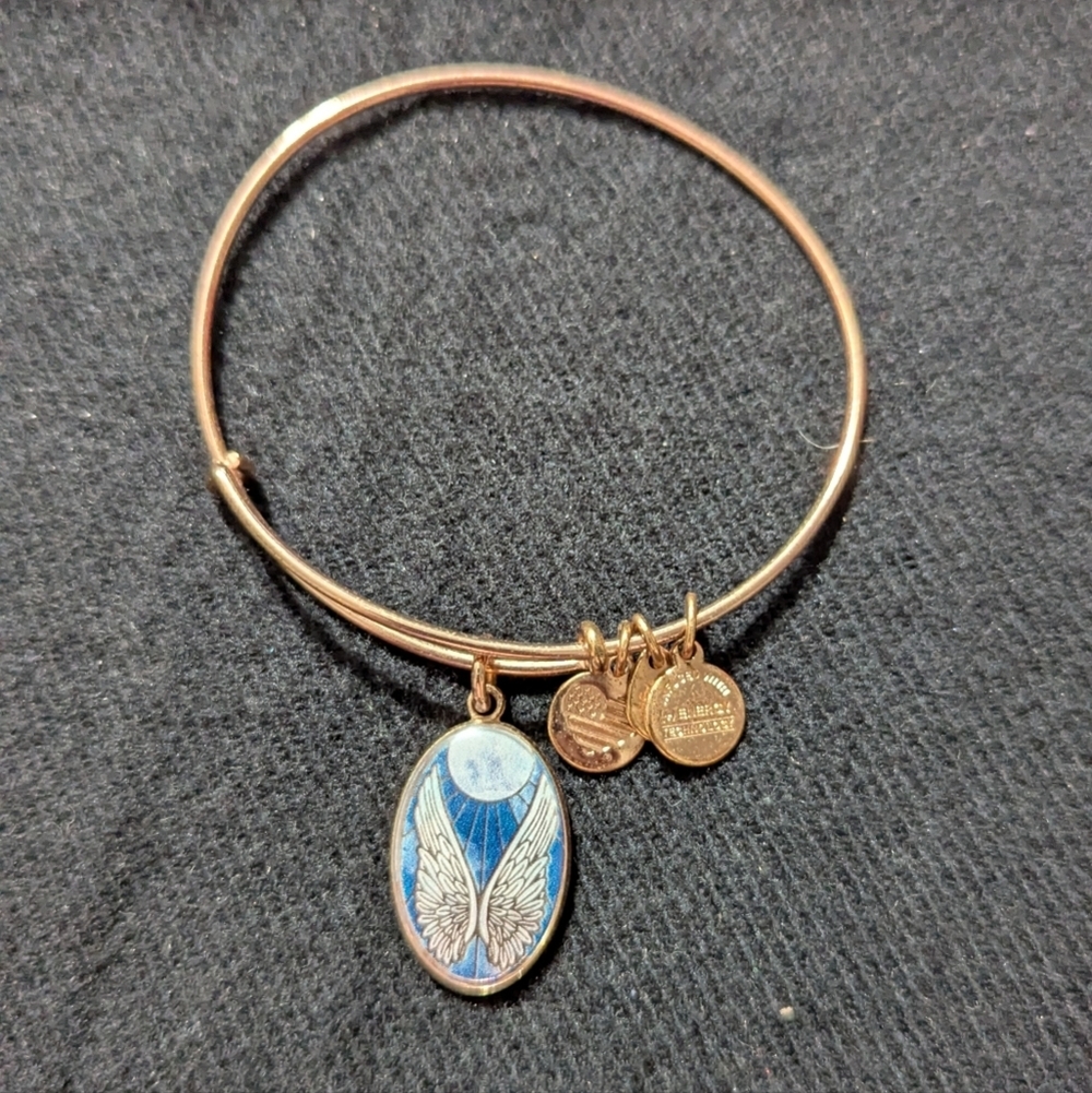 Alex And Ani Gold Tone Blue Angel Wing Expandable Charm Bangle Bracelet